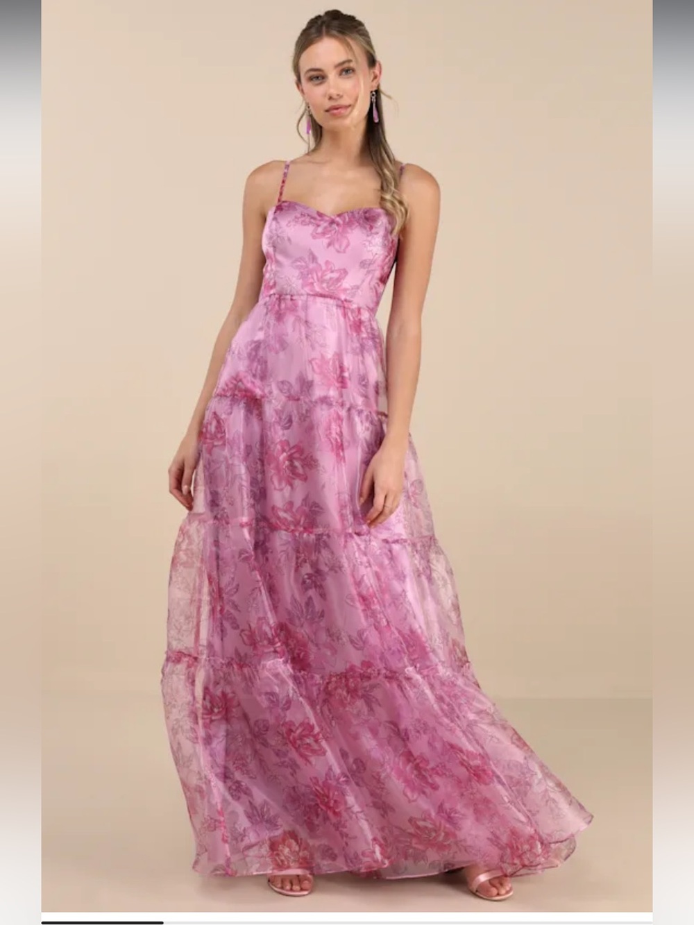 NWT lulus Exclusive Glamour Pink Floral Organza Tiered Maxi Dress Size small